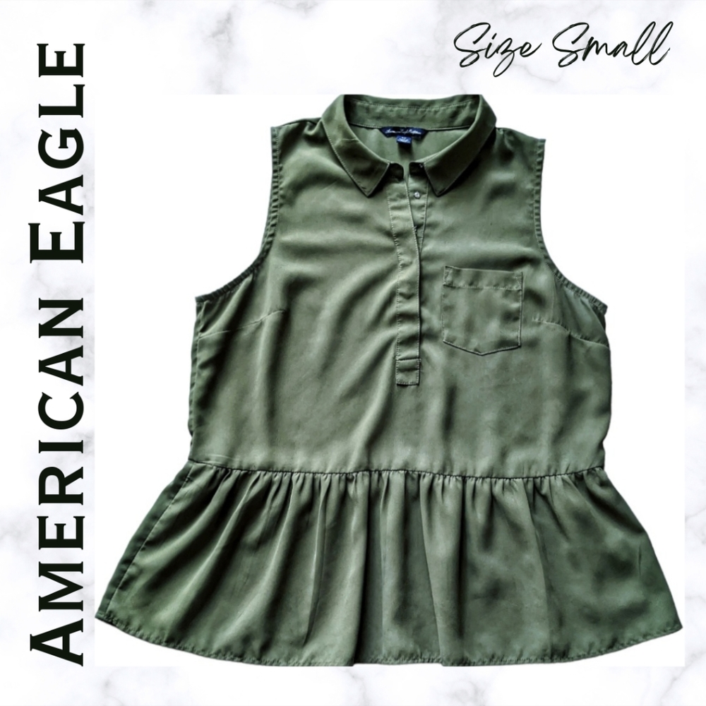 American Eagle Ladies' Collared Chiffon Sleeveless Blouse Olive S
